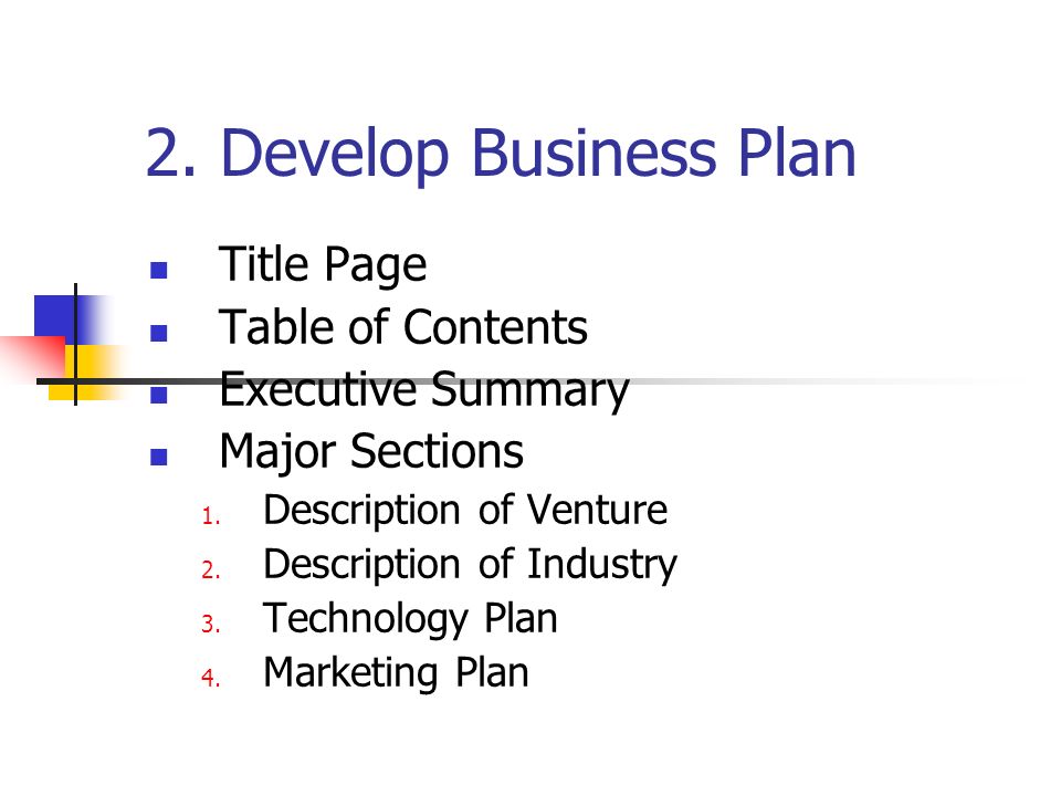 Content page of a business plan